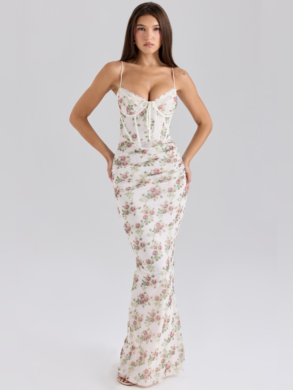 House of CB Calista Cream Rose Print Mesh Maxi Dress S
